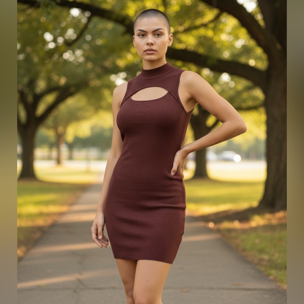 Pink Rose Brown Cutout Mini Sweater Dress